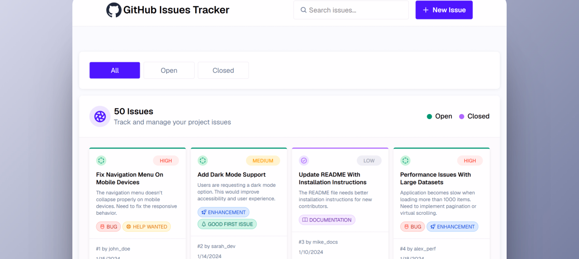 GitHub Issues Tracker application preview